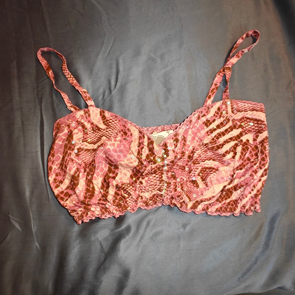Z&L Pink Snakeskin Sequin Smocked Bralette Crop Top Small Animal Print Boho Y2K
